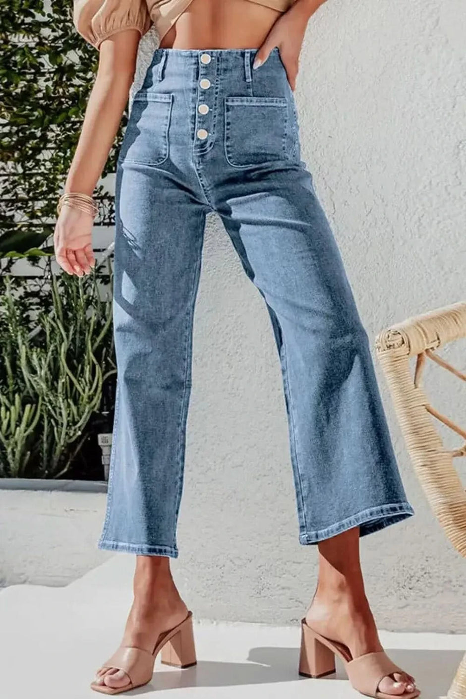 Button Fly Cropped Wide Leg Jeans - SwagglyLife Home & Fashion